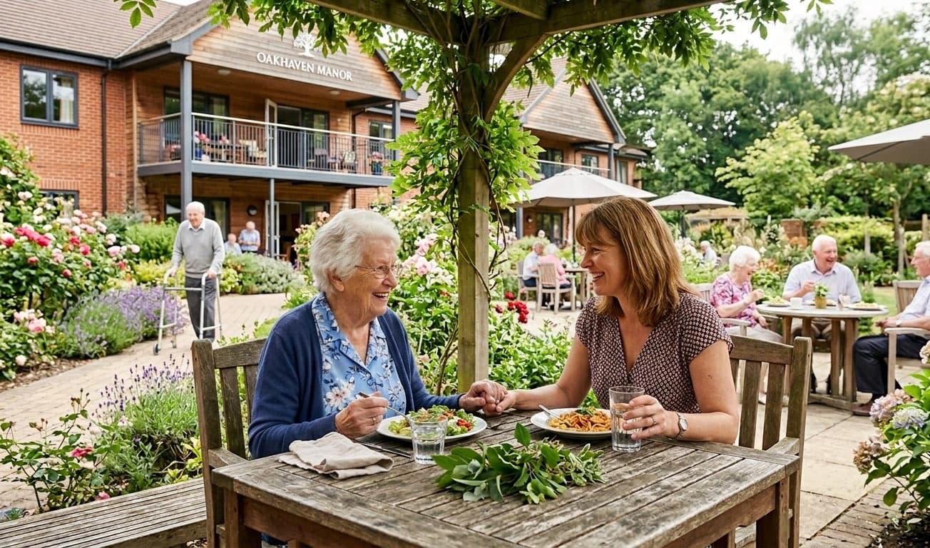 An older woman and her adult daughter sharing a meal outdoors, laughing.